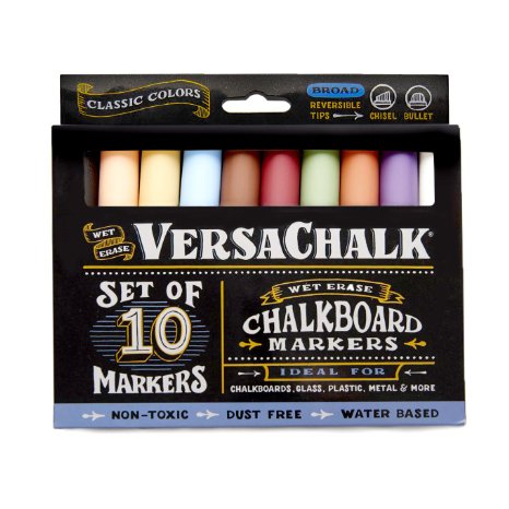 Chalkboard Chalk Markers by VersaChalk - Classic Colors 10-Pack  Dust Free Water-Based Non-Toxic  Wet Erase Chalk Ink Pens
