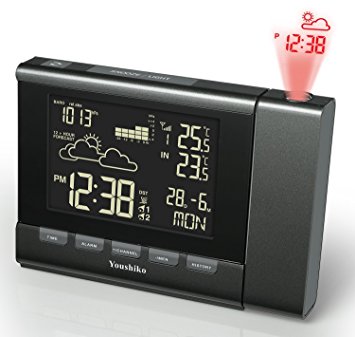 Youshiko Wireless Weather Station ( New Improved / UK Version ) with Radio Control Projection Alarm Clock and Color Changing Display, Indoor Outdoor Temperature Thermometer, Ice Alert, Barometric pressure reading