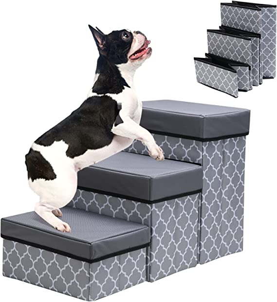 EXPAWLORER Foldable Dog Stairs - 3 Tiers Pet Stairs for Dogs Cats, Pet Steps for Small to Medium Dogs, Dog Ladder Storage Stepper for Bed Sofa Couch, Window Perch to Look Out for Dogs Cats