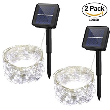 Solarmks Outdoor String Lights, Solar String Lights 100 LED Fairy Lights Waterproof Copper Wire Decorative Lighting for Christmas Patio Lawn Garden Decorations,White,2 of Pack
