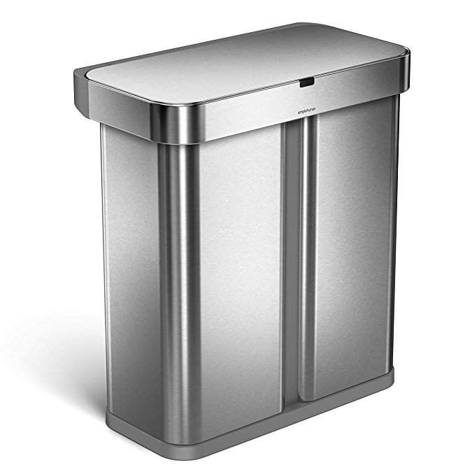 simplehuman 58L  Dual Compartment Rectangular Sensor Trash Can with Voice and Motion Sensor, Touch-Free, Voice Activated, Brushed Stainless Steel, 58 Liters / 15.3 Gallons