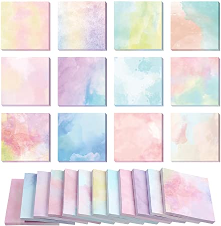 720 Pieces 12 Pack Watercolor Sticky Note Pads 2.8 x 2.8 Inches Multiple Designs of Watercolor Self-Stick Notes Self-Adhesive Memo Pads for Reminders Studying Office School Home