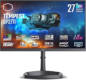 Cooler Master Tempest GP2711 27” 2K 165Hz Mini LED VA Quantum Dot QHD 2560 x 1440 PC Monitor, HDR1000, 4ms (GtG)|1ms (MPRT), DCR, FreeSync Premium, DP1.4*1, HDMI2.0*2, USB C*1, KVM (CMI-GP2711-US)