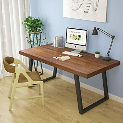 Tribesigns 55" Rustic Solid Wood Computer Desk with Reclaimed Look, Vintage Industrial Home Office Desk Features Heavy-Duty Metal Base Works As Writing Desk or Study Table (Rustic Brown)