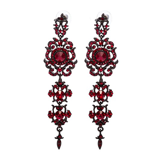 ISHOW Vintage Style Filigree Long Drop Dangle Earrings for Women Bridal Wedding Party Jewelry, Red