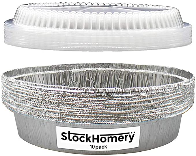 9 Inch Round Foil Pans with Clear Plastic Lids By StockHomery - Heavy Duty Tin Foil Pans - Perfect for Reheating, Baking, Roasting, Cooking, Take Out, to-Go Containers - Pack of 10