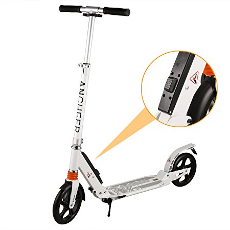 Ancheer Adult Kick Scooter with 1 Second Easy-Folding, Dual Suspension Shocks and 2 Big 200mm Wheels | Portable Adjustable City Urban Commuter Scooter with Shoulder Strape for Kids 13 , Support 220lb