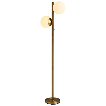 Rivet Retro Two-Orb Tree Lamp With Bulbs, 65"H, White and Brass