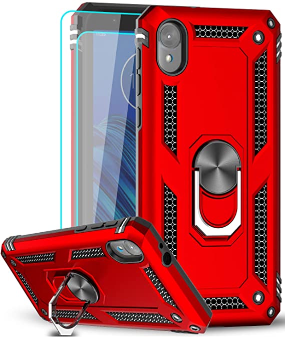 Moto E6 Case with [2 Pack] Tempered Glass Screen Protector, LeYi [Military-Grade] Defender Protective Phone Case with Magnetic Car Ring Holder Mount Kickstand for Moto E6, JSFS Red