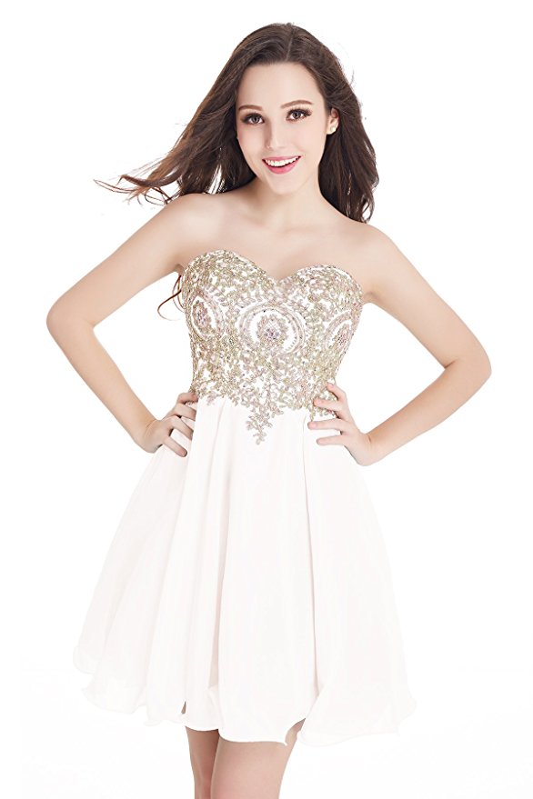 Babyonline Junior's Gold Lace Applique Short Quinceanera Homecoming Dresses