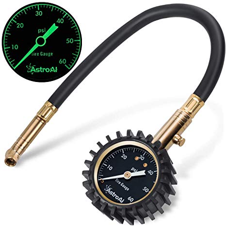 AstroAI ATG60RH Black Heavy Duty Tire Pressure Gauge, 60 PSI Certified ANSI B40.1 Accurate with Large 2" Easy Read Glow Dial, Durable Rubber Hose and Solid Brass Construction for Car Truck Motorcycle