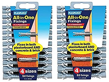 2 x Pack of 52 All in One Multi Purpose Multi Fix Use Assorted Size Wall Plugs Heavy Duty Raw Rawl Plug Fixings Brick Stone Cement Concrete Hollow Cavity Partitioning Drywall Professional Screw Fixing