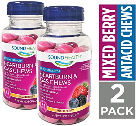 SoundHealth Extra Strength Heartburn & Gas Relief Chews, Mixed Berry Flavor, 82Count Bottle, 2 Pack