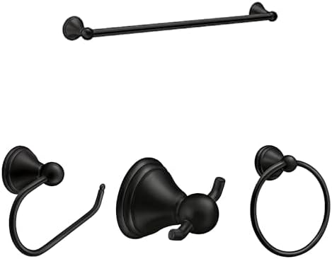 Bundle of Moen Preston Matte Black 24 Inch Towel Bar, DN8424BL   Paper Holder, DN8408BL   Double Robe Hook, DN8403BL   Towel Ring, DN8486BL