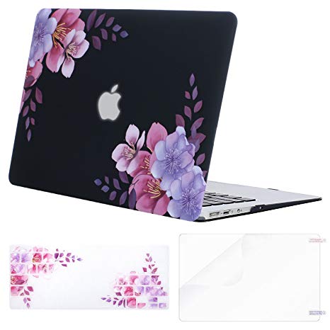 Mosiso Plastic Pattern Hard Case with Keyboard Cover with Screen Protector for MacBook Air 13 Inch (Model: A1369 and A1466), Peach Blossom on Transparent Black Base