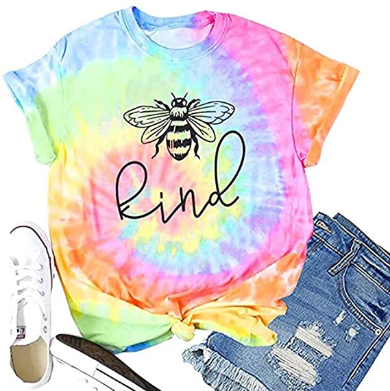 Women's Tie Dye Bee Kind T-Shirt Funny Inspirational Graphic Tees Tops Cute Blessed Short Sleeve Shirt Blouse