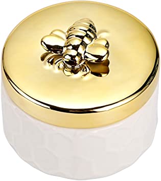 Hipiwe Ceramics Jewelry Box with Golden Bee Lid - Small Jewelry Display Organizer Holder Trinket Storage Tank Container for Home Decor,Gift for Girls Women