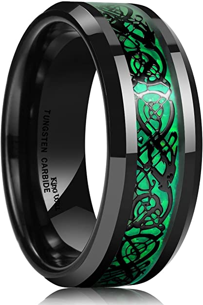 King Will Dragon Men's 5mm/8mm Green Carbon Fiber Black Celtic Dragon Tungsten Carbide Ring