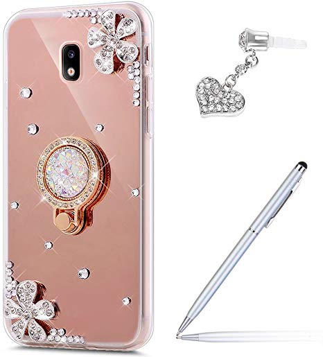 ikasus Galaxy J7 Pro Case,Galaxy J7 Pro Mirror Case, Inlaid Diamond Flowers Rhinestone Diamond Glitter Bling Mirror TPU Case & Ring Stand  Touch Pen Dust Plug for Galaxy J730 J7 Pro (2017),Rose Gold