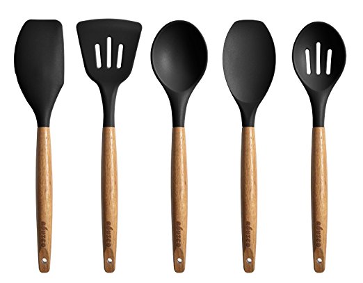 Miusco 5 Piece Silicone Cooking Utensil Set with Natural Acacia Hard Wood Handle, Black