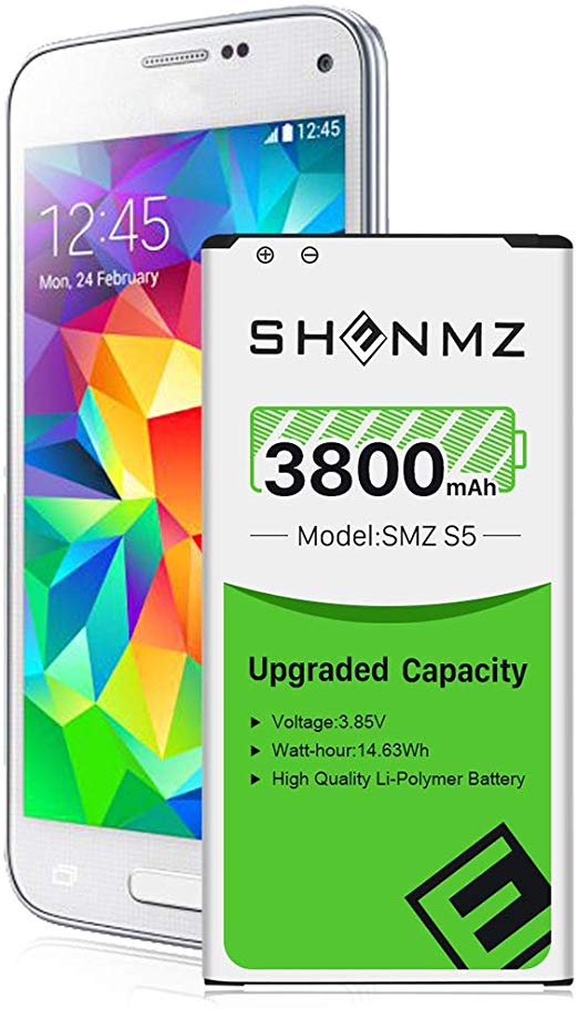Galaxy S5 Battery, 3800mAh [Upgraded] SHENMZ Li-ion Replacement Battery for Samsung Galaxy S5 EB-BG900BBU SM-G900H SM-G900A(AT&T) SM-G900TR SM-G900P(Sprint) SM-G900T(T-Mobile) SM-G900R(U.S. Cellular)
