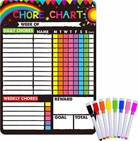 Magnetic Chore Chart, Colorful Chalk Dry Erase Reward Chart for Multiply Kids Fridge Chore Reward Chart Schedule Board for Chore/Activity/Exercise/Diet/Nutrition Behavior (17” x 12”, 8 Color Markers)