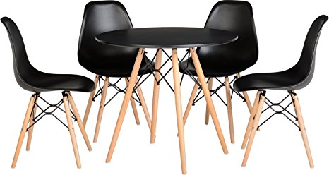 Seconique Tegan Dining Set with Natural Wood - Table & 4 Chairs - Black or White - Eames Style Art Deco (Black)