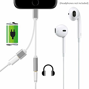 Longko 2-in-1 Lightning Adapter Charger and 3.5mm Earphone Jack Converter Cable for iPhone 7/7 Plus, 6s/6 Plus, 5s/5/SE, iPad, iPod
