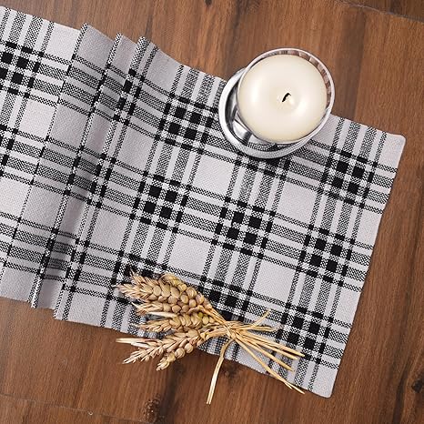 Boho Farmhouse Buffalo Check Table Runner 72 Inch Long for Dining Table, Wedding, Dresser Decor - Natural Cotton Rustic Table Decoration - Black/White Check