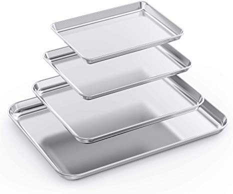 Baking Cookie Sheet Set of 4 - Estmoon Pure Stainless Steel Baking Pan Tray Bakeware, Non Toxic & Healthy, Mirror Finish & Rust Free, Easy Clean(9/10/12/16inch)
