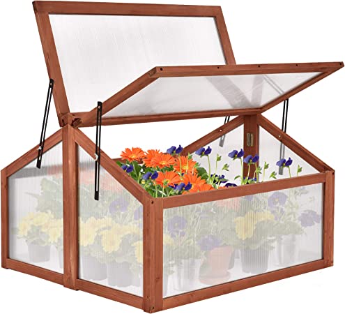 COSTWAY Outdoor Wooden Cold Frame, Plant Flower Vegetable Greenhouse Transparent Protection for Garden Balcony Backyard, 90 x 85 x 59cm