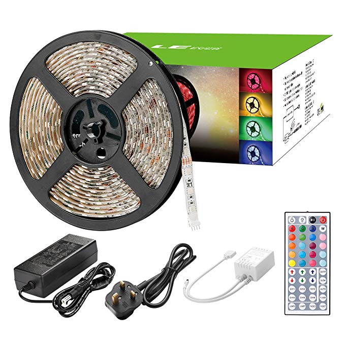 LE 12V DC 300 LEDs RGB Waterproof Strip Lights Kit 5m SMD 5050 LED ribbon44 Key IR Remote Controller and Power Adaptor Included Multi-coloured LED Tape TV Backlight Indoor Decoration for Home Kitchen Bar Party Holiday Festival