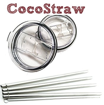 CocoStraw 30oz Straw Lid   4 Stainless Steel Straws Replacement for Yeti RTIC Polar Drifter Big Boss Sic Tumbler Rambler Cups with Cleaning Brush NO SPILL
