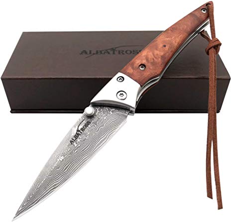 ALBATROSS HGDK008 EDC Cool Damascus Folding Camping Pocket Knives with Liner Lock, Sapele Handle - 7 Inch Overall, Gifts/Collections