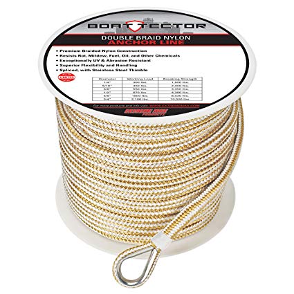 Extreme Max 3/8" x 300' 3006.2255 BoatTector Double Braid Nylon Anchor Line with Thimble-3/8, White & Gold