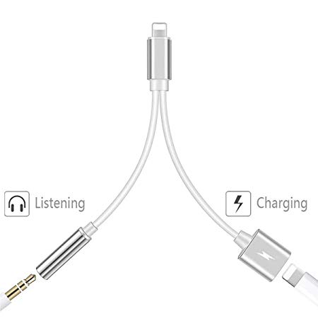 for iPhone Adapter 3.5mm Headphone Jack Adapter Audio & Charge Splitter for iPhone 7/7Plus/8/8Plus/X/XS/XR/xs Max Dongle Earphone Splitter AUX Audio Connector Car Charge Cable Support iOS 12 or Later