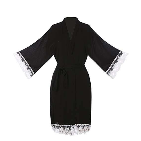 ellenwell Women's Cotton Knit Kimono Robe for Bride and Bridesmaid with Lace Trim Nightwear