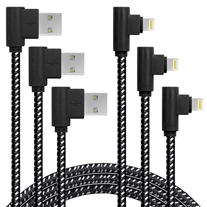 [3 Pack] Right Angle Charging Cable Nylon Braided 90 Degree Elbow for Game Video Watch Compatible with iPhone X 8/8Plus 7/7Plus 6/6Plus 6s/6s Plus 5s/5c/5 iPad (3ft, Black White)