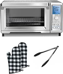 Cuisinart TOB-260N1 Chef's Convection Toaster Oven with 15 Cooking Functions and 1800 Watt Power Bundle with Check Oven Mitt (Black/White, 7x13 Inch, Set of 2), and Kitchen Tongs (3 Items)