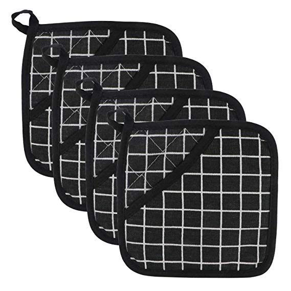 VASSN Pot Holders Kitchen Pocket Mitts 4 Pack Heat Resistant Machine Washable Hot Pad Safe for Cooking and Baking Potholders with Pockets (Black & White Plaid)