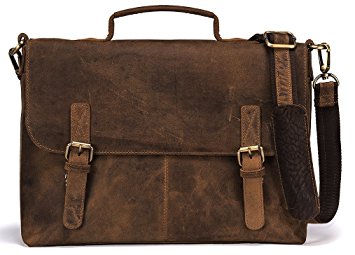 Handolederco 15" Buffalo Leather Vintage Rustic Leather Messenger Laptop Briefcase Satchel Bag for Men and Women