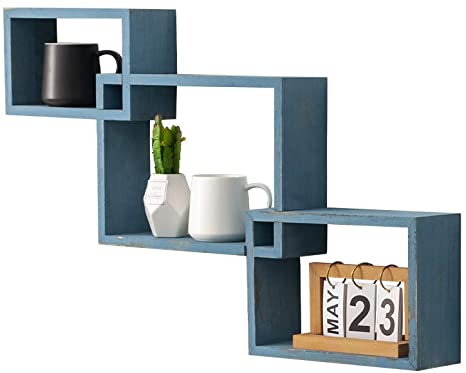 AZ L1 Life Concept Rustic Wall Mounted Tier Square Shaped Floating Shelves – Set of 3 – Screws and Anchors Included - Farmhouse Wooden Shelves for Bedroom, Living Room and More, rustic blue