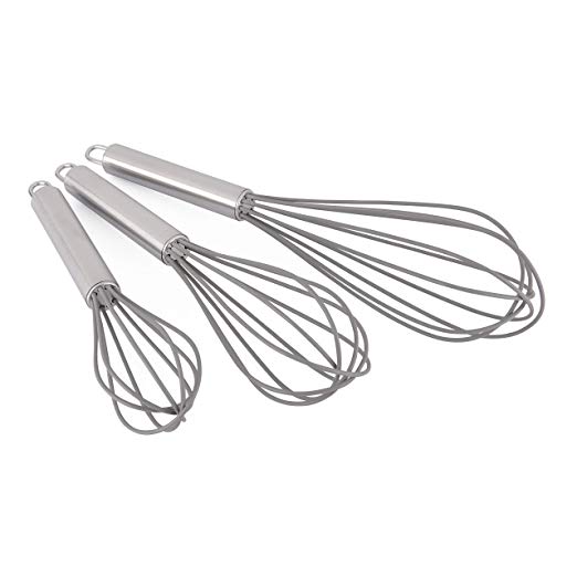Set of 3 Silicone Gray Whisks with Stainless Steel handles. Milk & Egg Beater Balloon Metal Whisk for Blending, Whisking, Beating and Stirring. Whisks for cooking by Dragonn. (Gray)