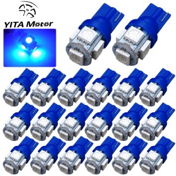 YITAMOTOR 20 PCS T10 Wedge 5-SMD 5050 Ultra Blue LED Light bulbs W5W 2825 158 192 168 194