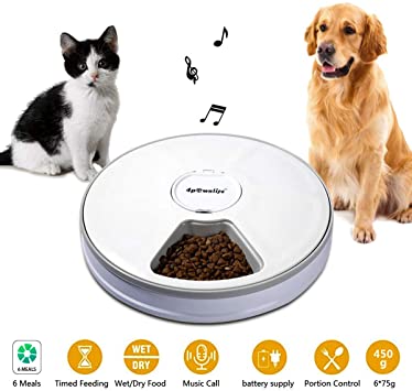 4pawslife 6 Meal Automatic Pet Feeder Food Dispenser with Digital Timer and Music Broadcast for Cats and Dogs