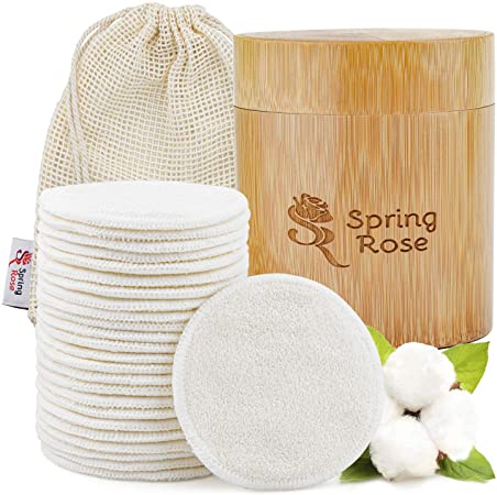 Spring Rose Bamboo Cotton Pads - 24 Reusable makeup pads with Bag & Storage Box - Extra Soft Washable Fabric Cleansing Wipes - Perfect for Makeup Removal, Skincare Products, Washing and Exfoliating