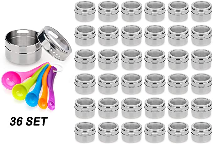 Nellam Magnetic Spice Jars - Kitchen Storage Containers Pantry Rack Organizer - Stainless Steel Airtight Tins for Stack on Fridge to Save Counter & Cupboard Space (Set of 36 - Silver)