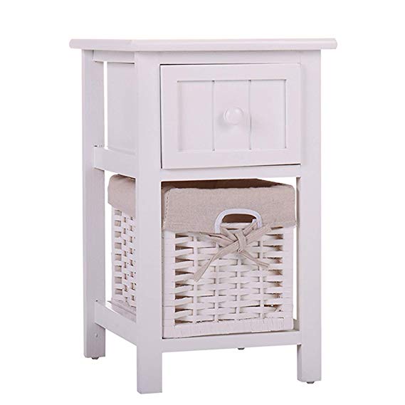 JAXPETY VD-55996HWWH Night Stand 2 Layer 1 Drawer Bedside End Table Organizer Bedroom Wood W/Basket (1), White