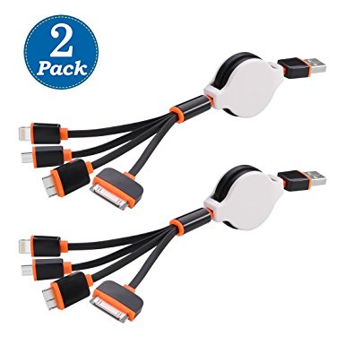 [2 Pack] USB Cable, Retractable 4 in 1 Multifunctional Universal USB Charger Cable for iPhone 7, 7 Plus, 6s, 6s Plus, SE/ 5 / 5S / 5C, 4S 4,iPad Mini, Galaxy S4,S5,S6 (Black&Orange)