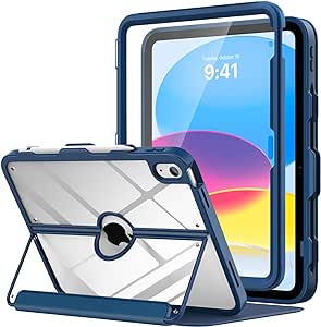 MoKo for iPad 10th Generation Case with Pencil Holder, iPad Case 10th Generation 2022 10.9 inch, Built-in Screen Protector Clear Back, Multi Angle Viewing Stand, Auto Wake/Sleep, Dark Sea Blue